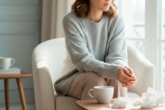 Женщина в депрессии сидит у окна